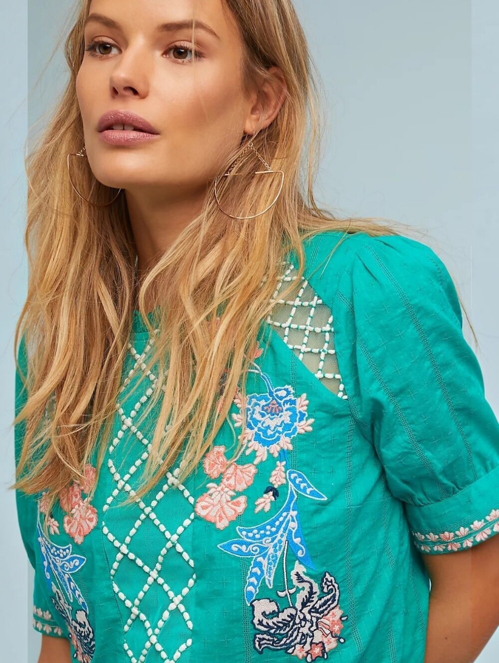 Maeve Green Perennia Floral Enbroidered Blouse, 12, Boho Vintage-Inspired - Picture 3 of 11